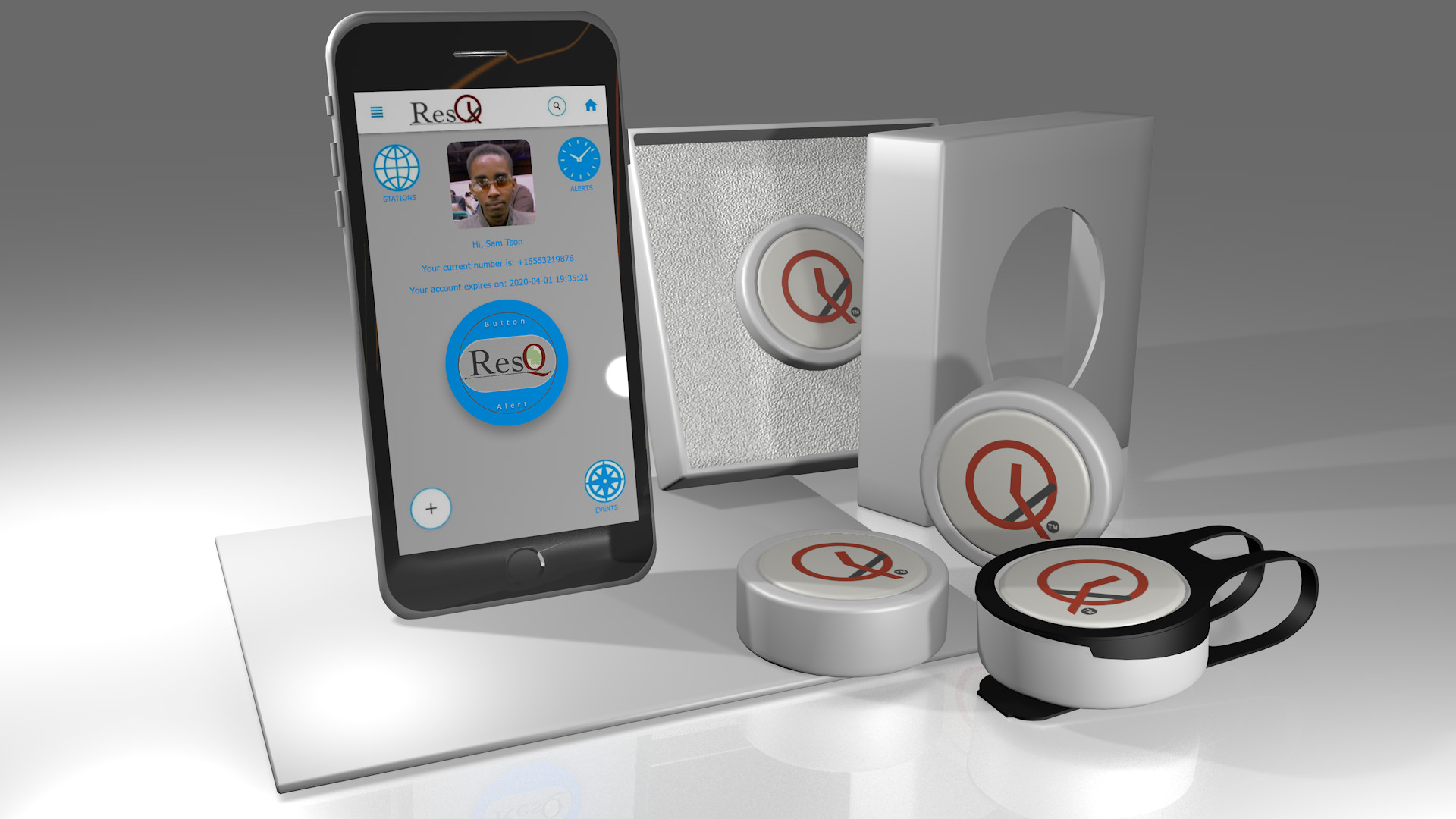resq button 3D render with smart phone and box